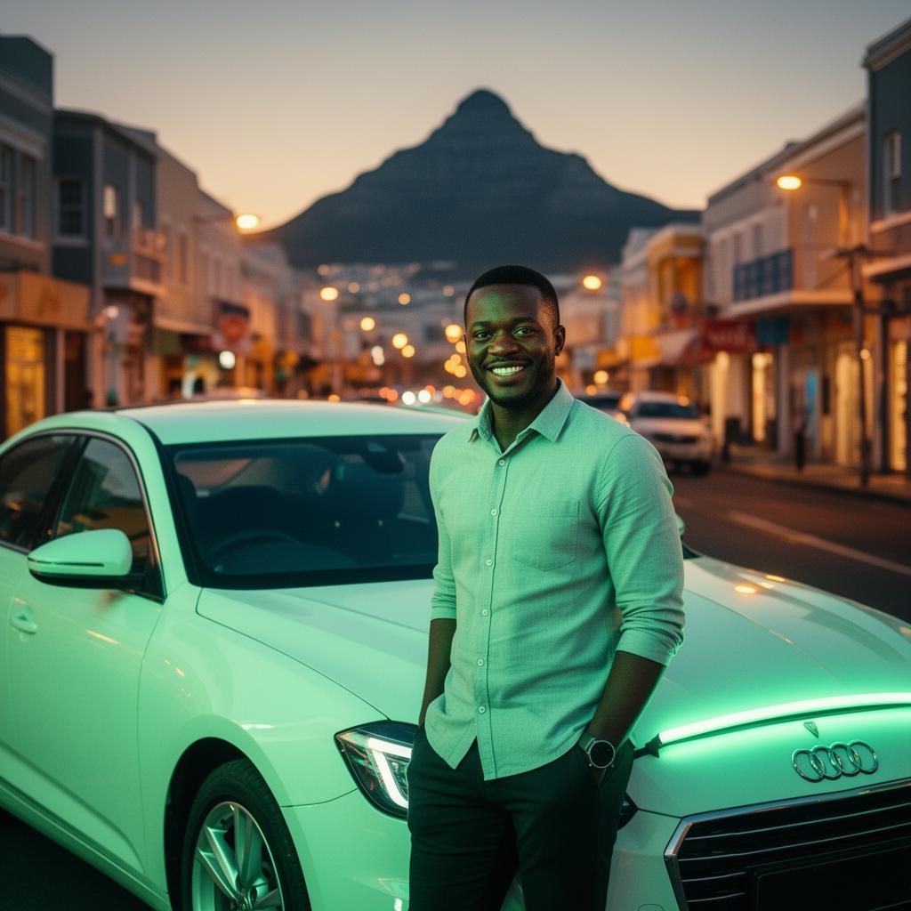 Hop & Go driver standing proudly next to his car in Cape Town at dusk