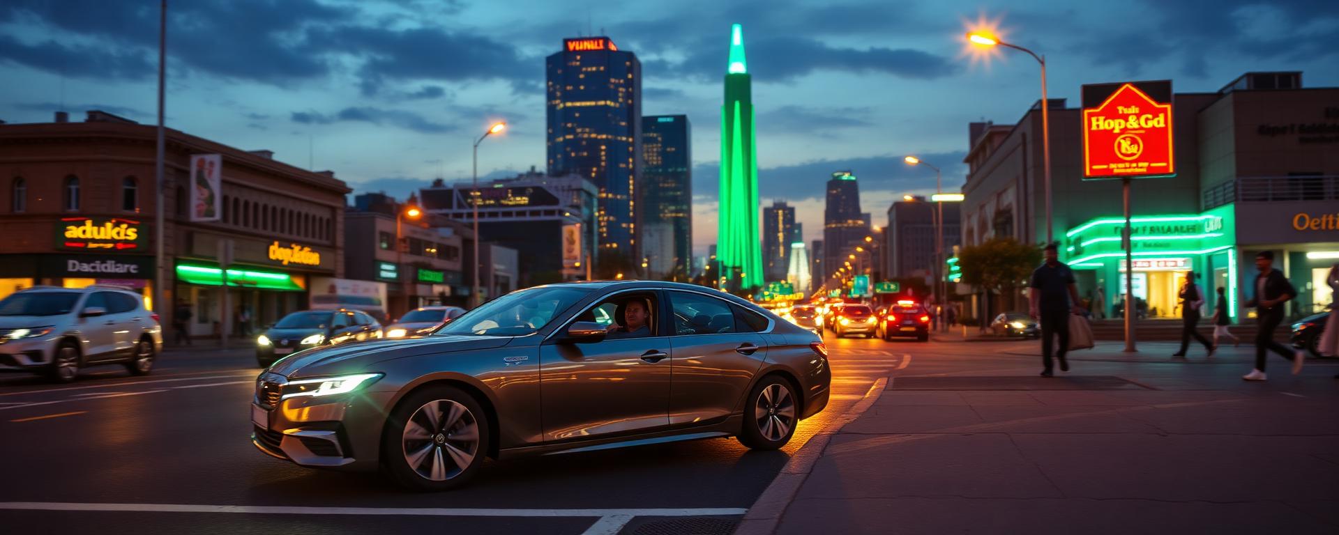 A Hop & Go car pulling up at twilight on a Johannesburg street