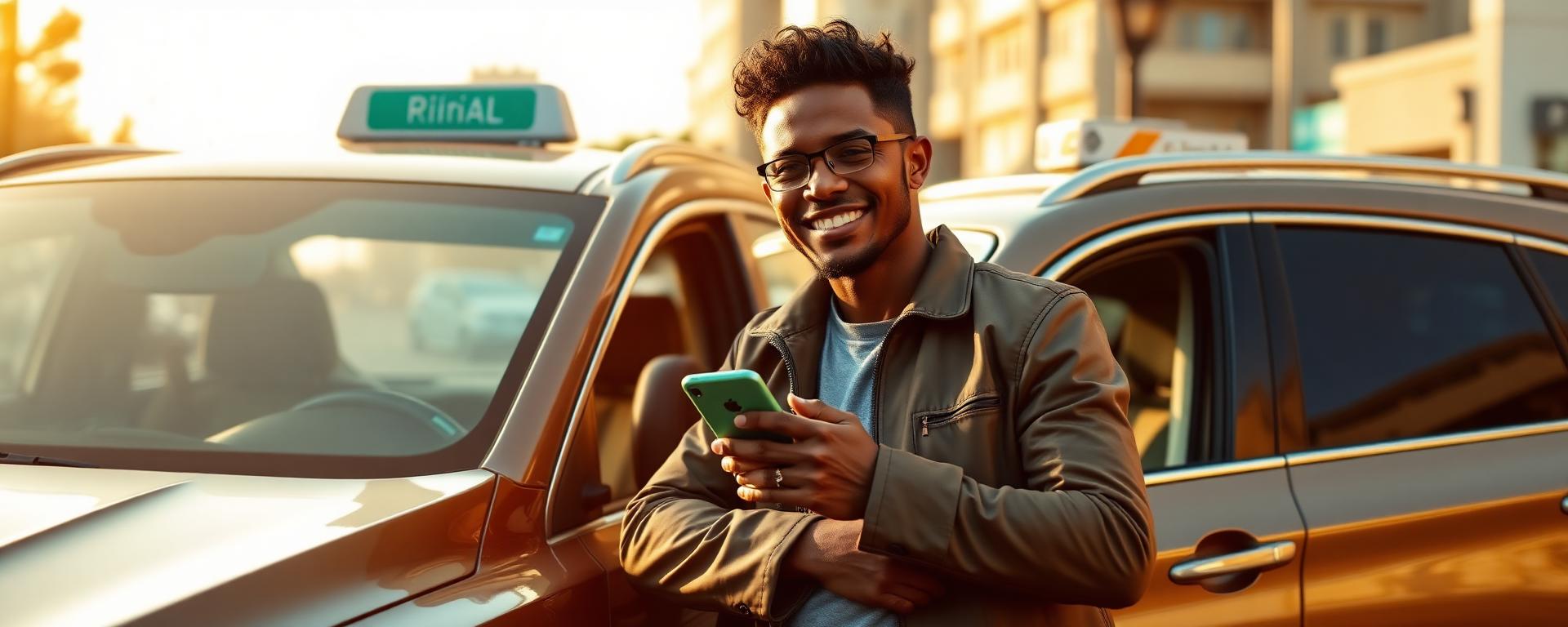 Confident South African Hop & Go driver smiling beside his car at golden hour
